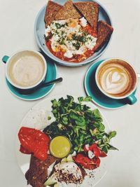 High angle view of breakfast served on table
