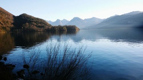 Scenic view of lake and mountains against clear sky