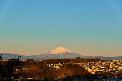 Scenic view of snowcapped mountains against clear blue sky