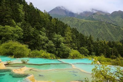 Scenic view of lake and trees against mountains