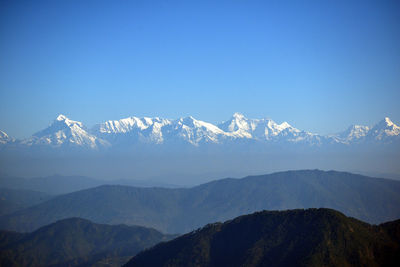 Scenic view of snowcapped mountains against clear sky