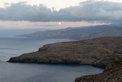 Scenic view of sea by mountains against sky