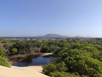 Scenic view of landscape against clear blue sky