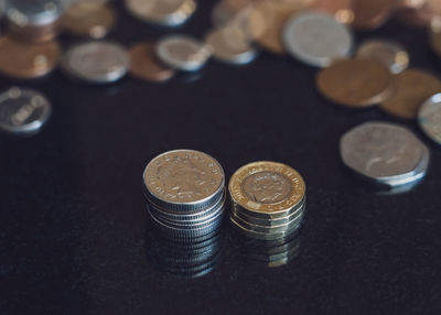 High angle view of coins on table