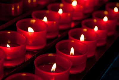 Close-up of lit candles in temple