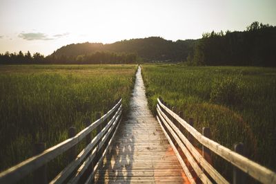 View of wooden boardwalk on field against sky