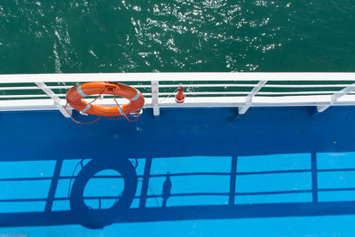 High angle view of boat moored at sea