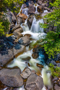 High angle view of water flowing over rocks