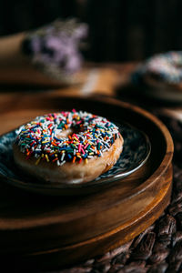 Close-up of donut in plate on table