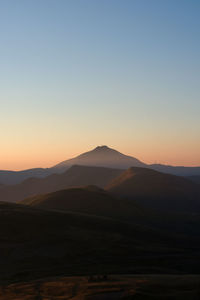 Scenic view of landscape against clear sky during sunset