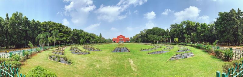 Panoramic view of trees on field against sky