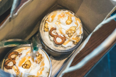 High angle view of ice cream in paper bag