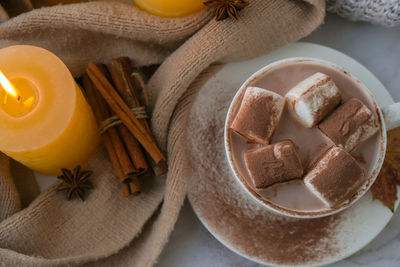 Celebrating autumn holidays at cozy home with cup hot chocolate marshmallows cacao on the windowsill 