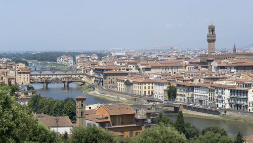 High angle view of river amidst buildings in city against sky