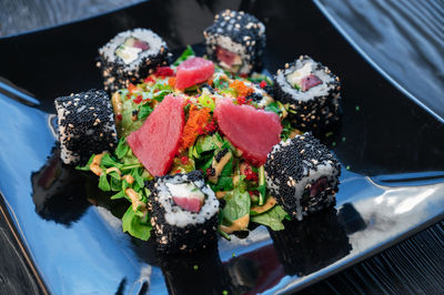 Close-up of sushi in plate on table