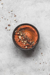 High angle view of soup in bowl on table