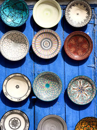 Directly above shot of various dishes for sale