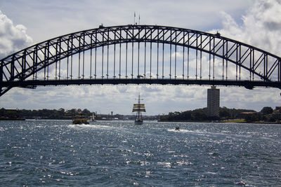 View of bridge over river against cloudy sky