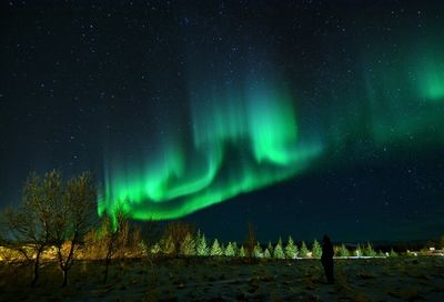 Silhouette person standing on land against sky with aurora borealis