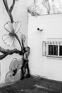 Bicycles parked against wall