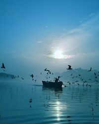 Silhouette birds flying over lake against sky during sunset