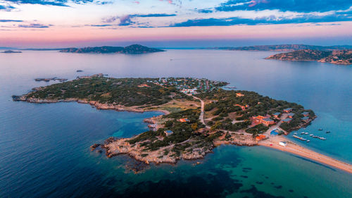 High angle view of sea against sky during sunset