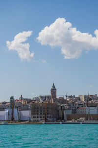 View of buildings by sea against cloudy sky