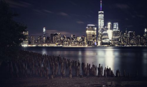 View of city lit up at night