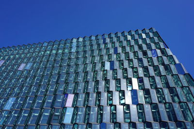 Low angle view of modern building against clear blue sky