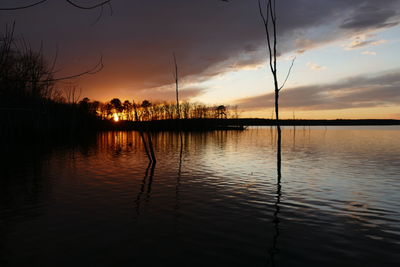 Scenic view of lake against sky at sunset
