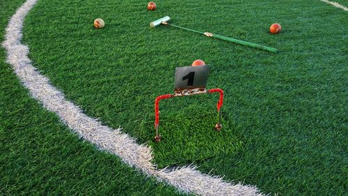 High angle view of soccer on grassy field