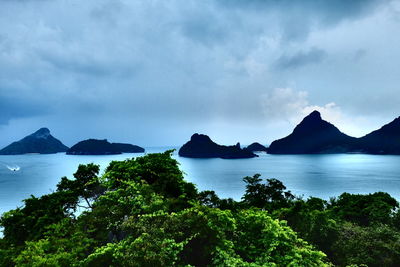 Scenic view of sea and mountains against sky