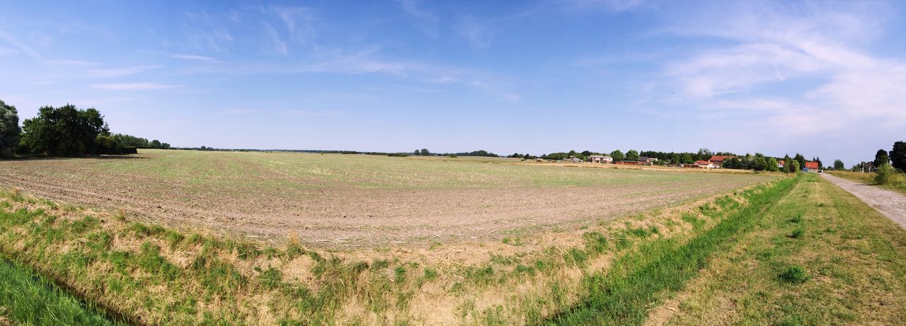 landscape, sky, field, grass, tranquil scene, tranquility, rural scene, agriculture, the way forward, scenics, nature, cloud - sky, farm, beauty in nature, cloud, growth, dirt road, blue, road, day