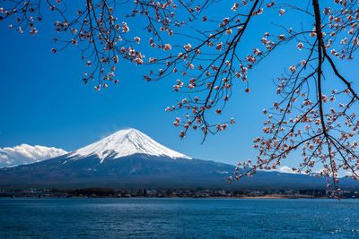 Scenic view of snowcapped mountains against blue sky