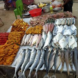 High angle view of fish for sale at market stall