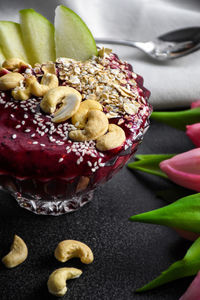 High angle view of fruits in bowl on table