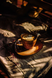 High angle view of drink on table