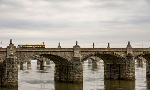 Arch bridge over river against sky