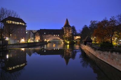 Reflection of illuminated buildings in water at night