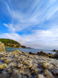 Surface level of rocks by sea against sky