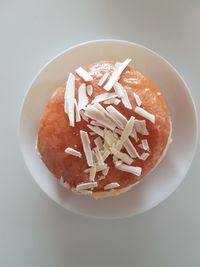 High angle view of cake in plate on table