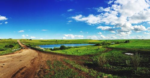 Scenic view of agricultural field against sky