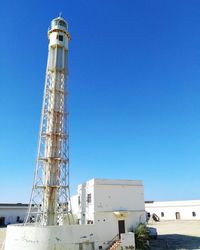 Low angle view of tower against clear blue sky