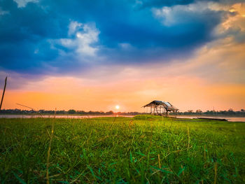 Scenic view of agricultural field against sky during sunset