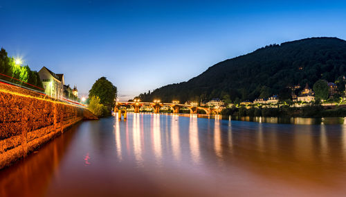 Scenic view of lake by illuminated buildings against clear blue sky