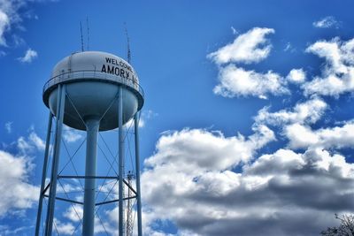 Low angle view of water tower against blue sky