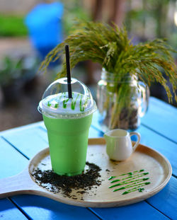 High angle view of drink served on table