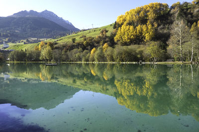 Scenic view of lake and mountains against sky