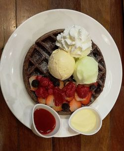 Directly above shot of ice cream in plate on table