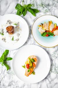 High angle view of meal served on table